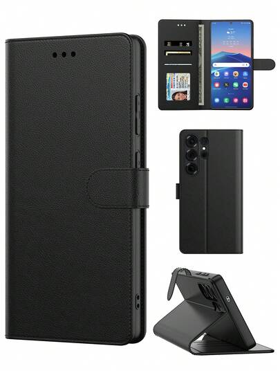 Black Multifunctional Wallet Style Phone Case, PU Material Android Phone Case, Waterproof Shockproof Anti-Fall Anti-Scratch Full Coverage