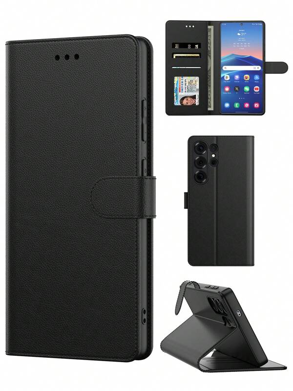 Carcasă portofel multifuncțională neagră din PU pentru telefon Android