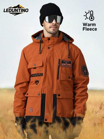 LEDUNTINO Jaqueta masculina casual para atividades ao ar livre, quente e grossa, com detalhes esportivos, capuz removível, vários bolsos, estampa de letras, fechamento em , à prova de vento, ideal para primavera/outono, estilo namorado.