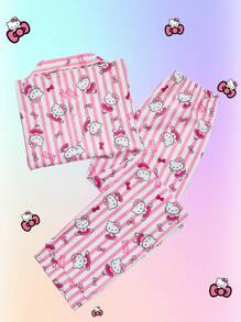 Sanrio 2 piezas Conjunto de pijama de manga larga con botones y estampado a rayas de  para niñas