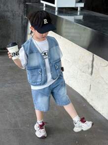 2pcs/Set Toddler Boys' Denim Vest And Shorts Set, Summer