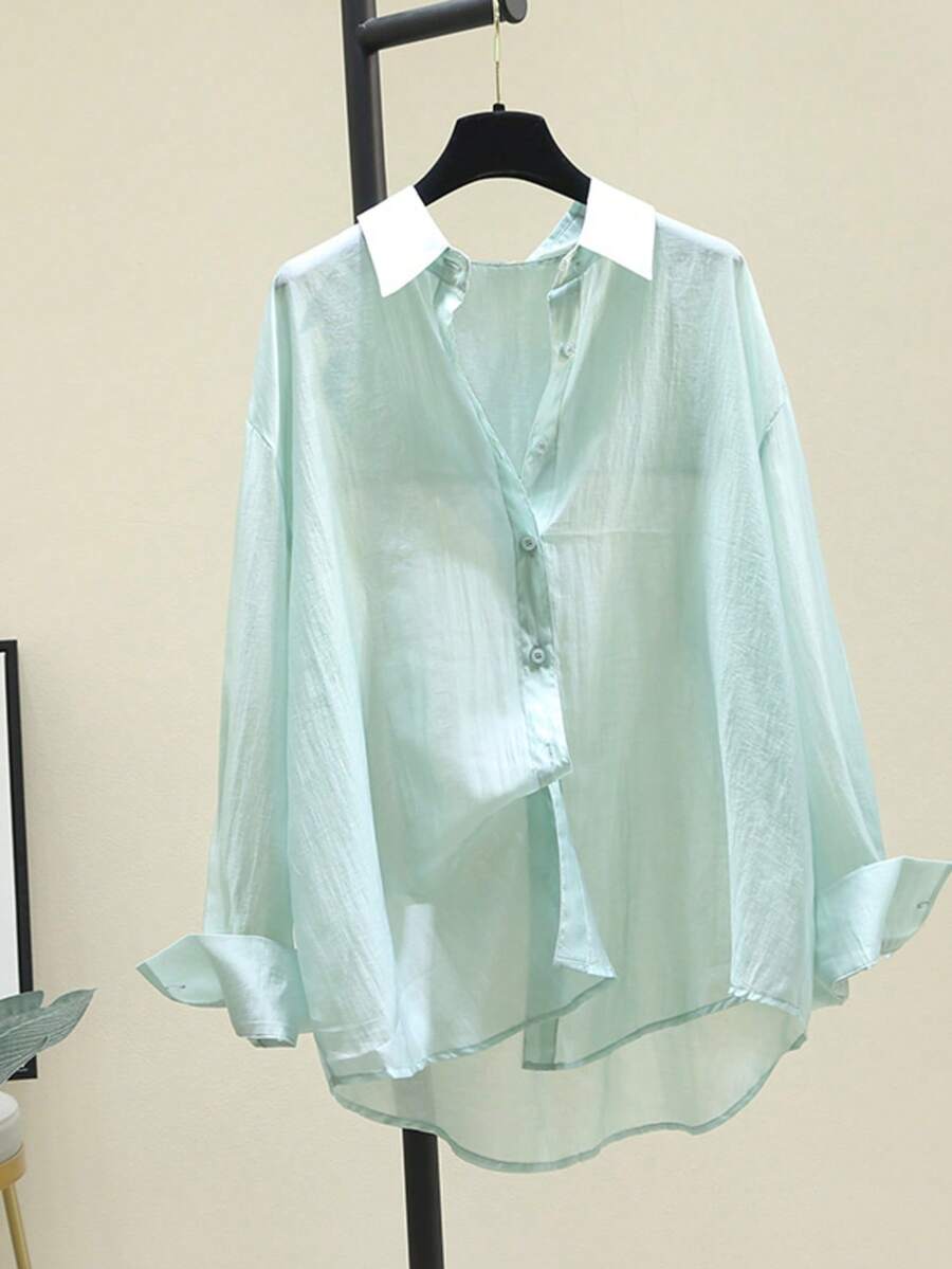 Women's Casual Versatile Solid Color Semi-Sheer Blouse - Light Green - View 1