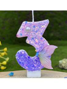 1 Stück lila Meerjungfrau Nummer Kerze, 0-9 Nummer Kerze, mit lila Pailletten und lila Fischschwanz, geeignet für Meerjungfrau-Thema Tortendekor, Geburtstagskerzeg, handgefertigt DIY Herstellung, Position kann leicht variieren