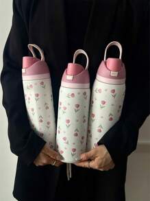 1pc Pink Tulip Pattern 24oz-32oz-40oz Double Wall Stainless Steel Vacuum Insulated Sports Water Bottle, Tumbler With Straw, Suitable For Sports, School, Travel, Gym, Gift For Holidays, Birthday