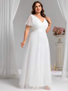 Große Größen Rüschenärmel Chiffon Abschlussballkleid Junggesellinnenabschied Partykleid Bridal-Shower Kleid Hochzeitskleid für Braut Verlobungskleider