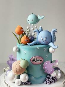 Ozean-Themen Tortenaufsatz, Oktopus, Wal, Bobo-Fisch, Meeresschildkröte, Korallen Kunststoff Ornamente, Ozean-Themen Tortendekoration, geeignet für Geburtstagsfeiern, Taufen, Gender-Reveal-Party Tortendekoration, Tischdekoration, wiederverwendbar