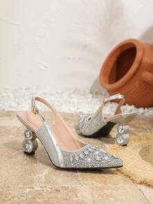 Women's Crystal Pointed Toe Fabric Outdoor Party Shoes - Silver - View 5