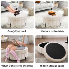 31.5"W  Round Ottoman With Storage For Living Room, Velvet  Upholstered Channel Tufted Coffee Table,  Storage Ottoman Foot Rest With Double-Sided Tray Top(Beige) - Màu be - Xem 4