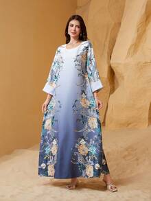 Eid Al-Adha Ramadan Collar V-Neck Long Dress, Regular Fit, All-Over Floral Print, Soft 75D 4-Way Stretch Fabric, Regular Sleeve, Glitter, Rhinestone, Embellished Bust, Elegant Arabic Style Kaftan Robe Jalabiya, Modest - NC17 - View 3