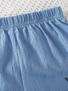 2 件套男婴休闲恐龙刺绣领衬衫和短裤套装，日常夏季服装 - 藍色 - 查看 5