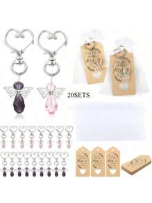 20 Stücke Engel Schlüsselanhänger, Engelsflügel Anhänger Schlüsselanhänger mit Danke-Anhängern und Ziehbandsäckchen aus Organza, Hochzeits-Party-Gastgeschenke, Tauf-Geschenke