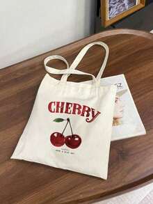 2pcs/Set Cute Cherry Print Handbag - Women's Fashion Tote Bag With Small Zipper Cosmetic Pouch, Reusable Shopping Bag, Compact Design For Daily Use - Beige - View 3