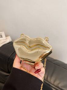 1pc Unique Funny Big Lips Design Acrylic Box Makeup Bag With Chain Strap Shoulder Crossbody Handbag - Gold - View 1