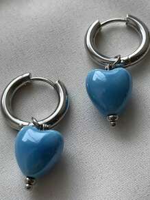 2pcs Ceramic Heart Shape Earrings With Stainless Steel Hoop, Fashionable & Cute Style For Women, Suitable For Daily Wear, Parties, Dates, Gifts For Holidays, Jewelry Gifts