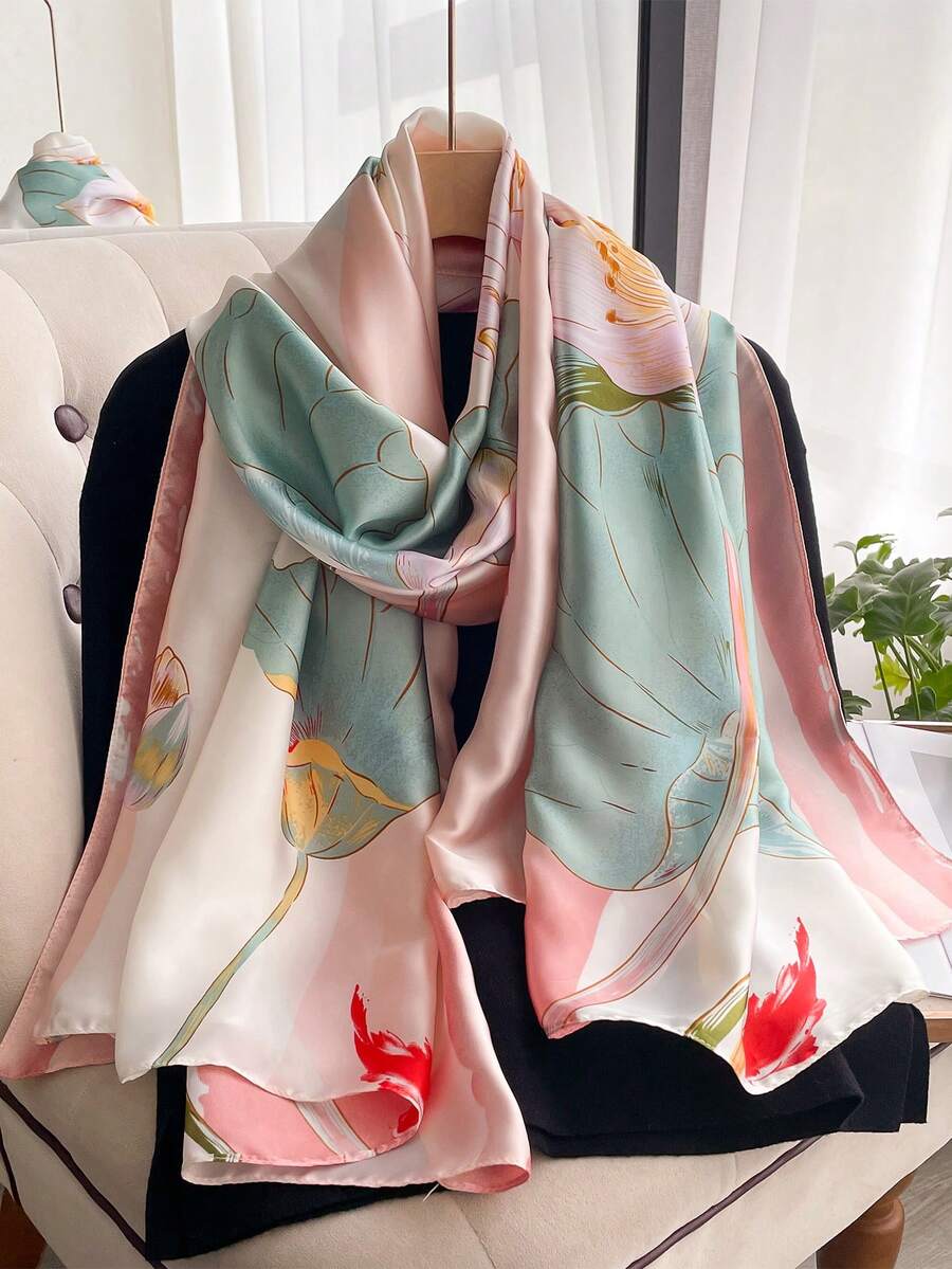 1条女士时尚印花仿丝围巾,多功能披肩,适合旅行和日常佩戴,春秋季搭配连衣裙 - 粉色 - 查看 1