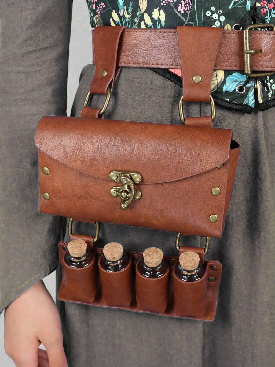 PU Leather Medieval Knight Belt Bag With Glass Magic Bottle Viking, Renaissance Faire LARP, Steampunk Witch Vampire Cosplay Costumes Prop (Without Waist Belt) - Brown - View 1