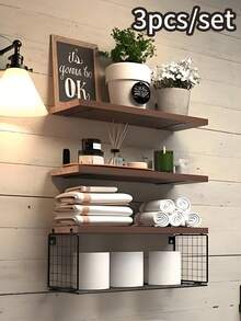 3 piezas Estantería de baño montada en la pared de madera y hierro forjado - Multicolor - Ver 9