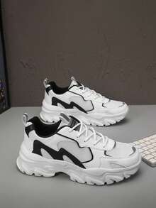 Men's Breathable Fitness Trainers - White & Brown Casual Sports Shoes, Fabric Upper, EVA Sole And Lace-Up Design, Suitable For Running, Workout, Daily Wear - Comfortable All Season, Modern Fashionable Appearance | Wear-Resistant Non-Slip Footwear, Fitness Accessories - Black and White - View 3