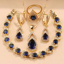 Elegant Luxury 5-Piece Jewelry Set: Synthetic Zirconia Teardrop Earrings, Pendant, Bracelet, Ring, Necklace - 18K Golden Plated Copper - Wedding, Christmas, All-Season Gift For Her