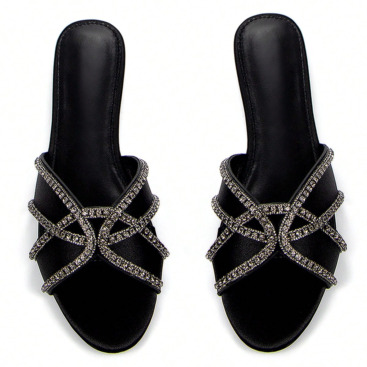 Sandalias planas de satén negro con tira de strass, decoración hueca, punta abierta, cómodas para uso diario y fiestas, para outfits de primavera y