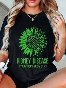 Camiseta negra de algodón de manga corta con cuello redondo y gráfico con estampado de girasol para concienciar sobre las enfermedades renales para mujer | Top informal, suave y transpirable de 180 g, ideal para quienes apoyan la salud renal | Camiseta cómoda de uso diario para mujer - Negro - Ver 1