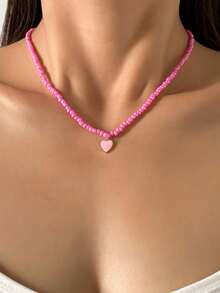 1pc Heart-Shaped Beaded Pendant Necklace, Minimalist & Practical Multifunction - Pink - View 2
