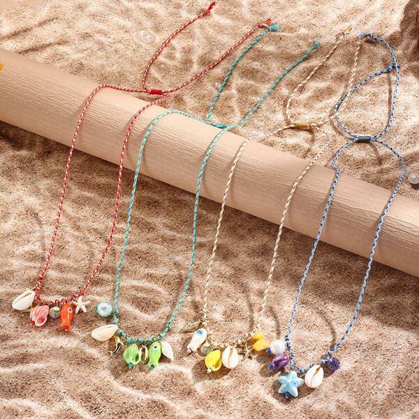 1Pc Ocean-Style Shell Dopamine Starfish Necklace, Colored Rope Ceramic Pendant Bohemian Summer Necklace