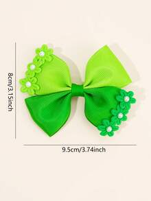 2个绿色发夹，缎面蝴蝶结，鳄鱼夹，饰有花朵和珍珠，优雅发饰，可爱甜美，适合女孩，儿童发饰 - 綠色 - 查看 5