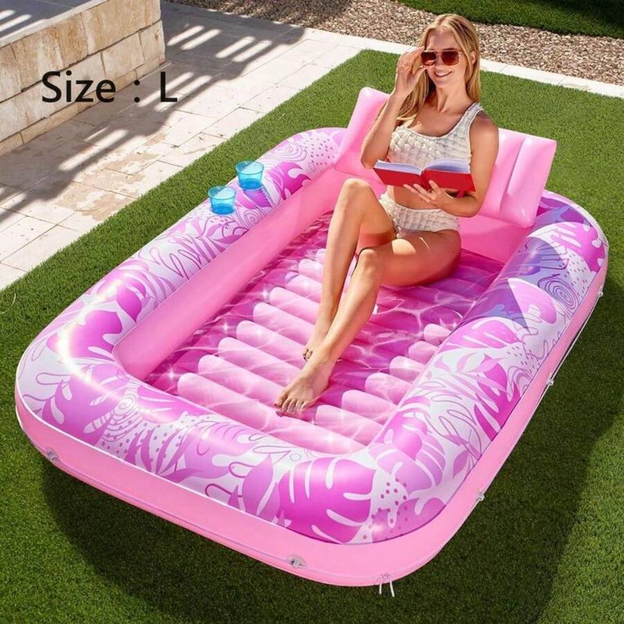L/XL Inflatable Tanning Pool Lounge Float With Cup Holder, 70"X46"/85″ X 57″ Extra Large Pool Floats Adult With Pillow, 4 In 1 Suntan Tub Raft Floatie, Sunbathing Bed Lounge Blow Up Ball Pit Party Gifts, Inflatable Lounge Sofa Pool - Pink-L - View 1