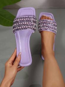 Women's Summer 2025 New French Style Pearl Rhinestone Decorated Flat Sandals, Open Toe, Large Size 42-43, Lightweight Luxury Beach Holiday Slippers - Purple - View 1