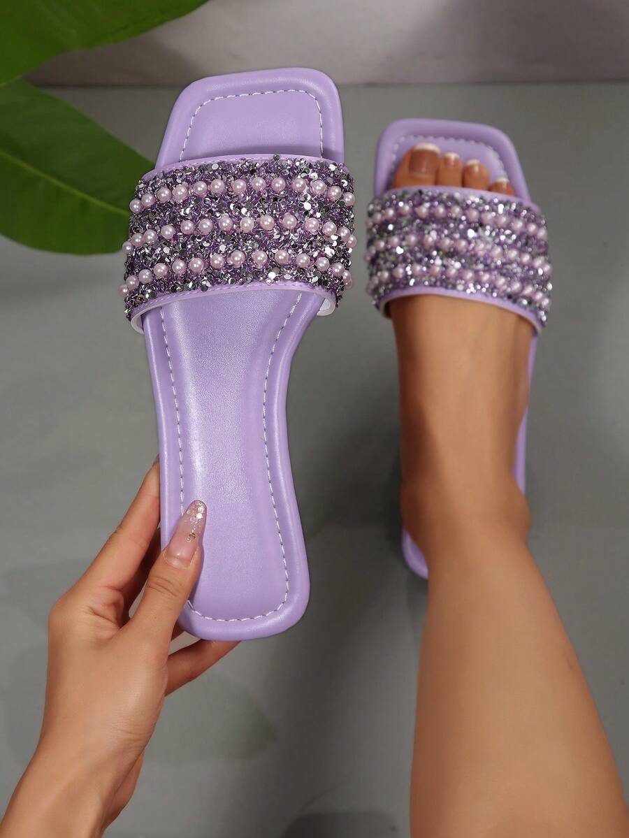 Women's Summer 2025 New French Style Pearl Rhinestone Decorated Flat Sandals, Open Toe, Large Size 42-43, Lightweight Luxury Beach Holiday Slippers - Purple - View 1