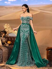 Faeriesty Vestido de Festa Sereia com Ombros à Mostra e Contas, com Fechamento Ajustável nas Costas e Painéis Laterais Fluidos - Perfeito para Galas de Tapete Vermelho, Casamentos de Gala, Cerimônias Formais de Premiação, Noites de Ópera e Festas de Caridade de Luxo Elegante - Verde Escuro - Visão 8