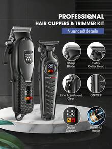 2pcs HIENA USB Rechargeable Men's Hair Clipper, LED Display, Salon-Grade Beard Trimmer, Perfect Gift For Men, Father's Day Gift - Black - View 2