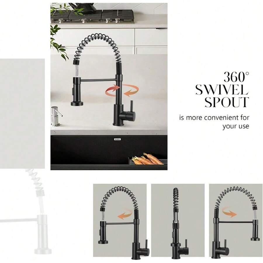Black Kitchen Taps With Pull Out Spray Spring Kitchen Sink Taps Single Lever Kitchen Sink Mixer Tap With Pull Down Sprayer Dual Functions - 黑色 - 查看 1
