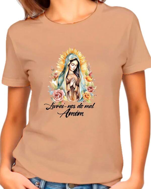 Camiseta Feminina Livrai-nos do Mal Fé Católica Religião Algodão