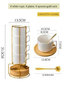 1 Juego de Tazas de Café - 4 Tazas, 4 Platillos, 4 Cucharas con Soporte de Metal / 1 Juego de Tazas de Café - 1 Taza, 1 Platillo, 1 Cuchara, Capacidad ≈ 250ml, Material Cerámico, Disponible en Blanco/Negro/Verde, Taza de Café para Cappuccino Latte Art, Taza de Té, Apta para Té, Café, Cereales, Chocolate Caliente, Incluye Cuchara y Bandeja de Madera, Juego de Tazas de Café, Juego de Tazas de Cerámica, Ideal para Restaurantes, Cafeterías, Hogar y Oficina, Gran Regalo para Familia, Amigos y Seres Queridos.