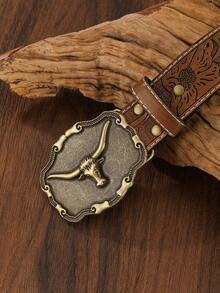 1 件男女通用复古西部牛仔动物扣压花 PU 皮带，时尚百搭，适合牛仔裤、裙子和全年穿着 - 鏽棕色 - 查看 4