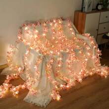 1pack 2m/78.74inch 20 LED Pink Cherry Blossom Copper Wire Fairy String Lights Battery Operated Warm White Romantic Tale Lamp For Home Bedroom Living Room Birthday Party Wedding Festival Decoration