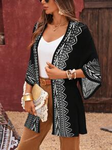Große Größen Damen Geometrisch bedruckter Fledermausärmel lockere Strickjacke für den Urlaub