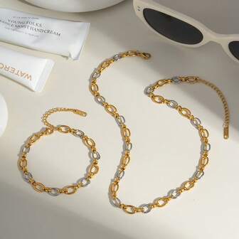 Oval Shaped Two-Tone Necklace & Bracelet Set, Hip-Hop Style Classic Stainless Steel Jewelry, Fashion Versatile Accessory For Women Daily Wear