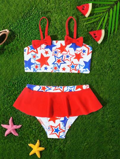 New Young Girls Star Pattern Cute Bikini Swimsuits, 2-Piece Cami Swimming Suit
