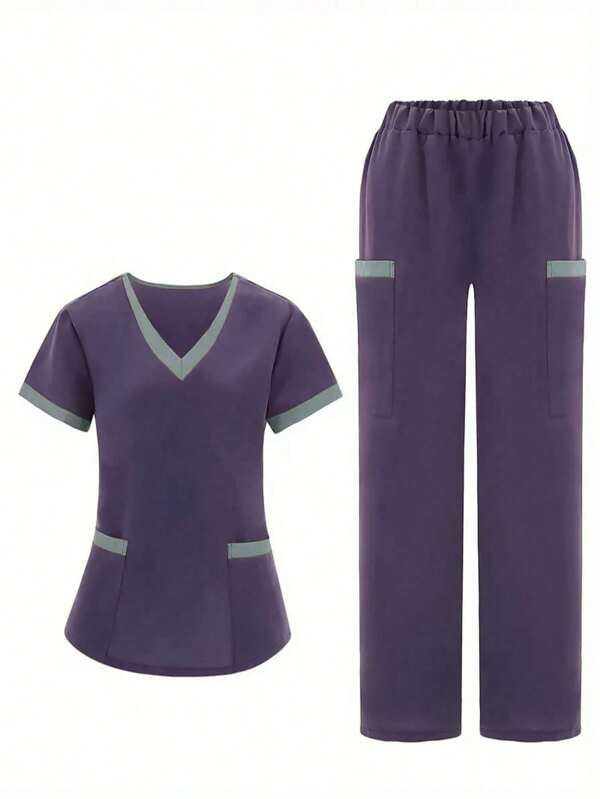 Women's Contrast Trim V-Neck Short Sleeve Top And Elastic Waist Pants Uniform Set