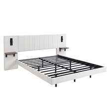 White 150x200cm Upholstered Bed, Adults Teenagers Double Bed , 2 Bedside Lamps, Headboard Storage Function, Soft Headboard, Velvet+Iron, - White - View 9