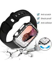 2条装女士经典柔软舒适可调节硅胶运动表带，带水钻装饰，二合一超薄钢化玻璃屏幕保护膜，兼容 38/40/41/42/44/45/46/49mm，适用于 Series Ultra/SE/11/10/9/8/7/6/5/4/3/2/1 - 黑色(無手錶) - 查看 6