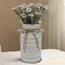 Vase à fleurs galvanisé vintage de style ferme - Pot de lait crème blanc délavé et patiné avec l'étiquette "Fleurs fraîches de la maison", parfait comme centre de table et décoration d'intérieur