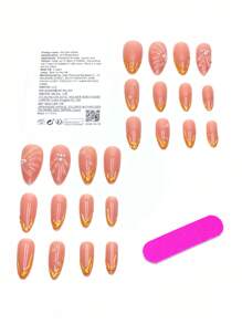 24pcs Almond Shaped False Nails With Gold Stripes, French Tips, Mermaid Shell Patterns, Pure White Pearl, White Diamond And Handmade Resin, Presenting 3D Effect For Luxurious Look, Comes With Jelly Gel And File