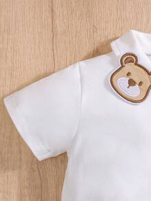 H HIBOBI 2件套男婴可爱小熊领连体衣和格子围兜裤套装，夏季 - 卡其色 - 查看 5