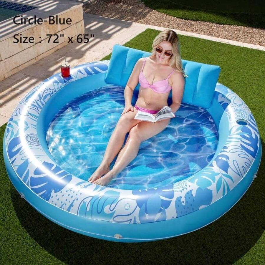 L/XL Inflatable Tanning Pool Lounge Float With Cup Holder, 70"X46"/85″ X 57″ Extra Large Pool Floats Adult With Pillow, 4 In 1 Suntan Tub Raft Floatie, Sunbathing Bed Lounge Blow Up Ball Pit Party Gifts, Inflatable Lounge Sofa Pool - 圓圈-藍色 - 查看 1