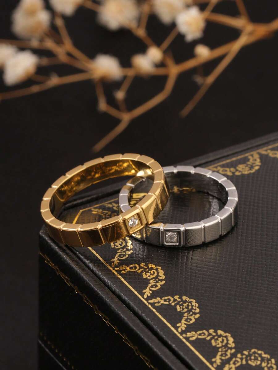 1pc Stainless Steel 18K Gold Plated Simple Squared Zirconia Inlaid Ring, Creative Fashion Versatile Suitable For Women & Men, Daily Wear Or Gift - Checkered Ring - View 1