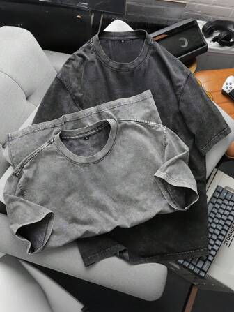 Shwiy 2 件超值套装男士复古水洗效果上衣，酷炫做旧短袖 T 恤，适合休闲、街头时尚必备，春夏季